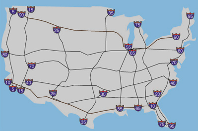 interstates on a map of the US. longdesc available